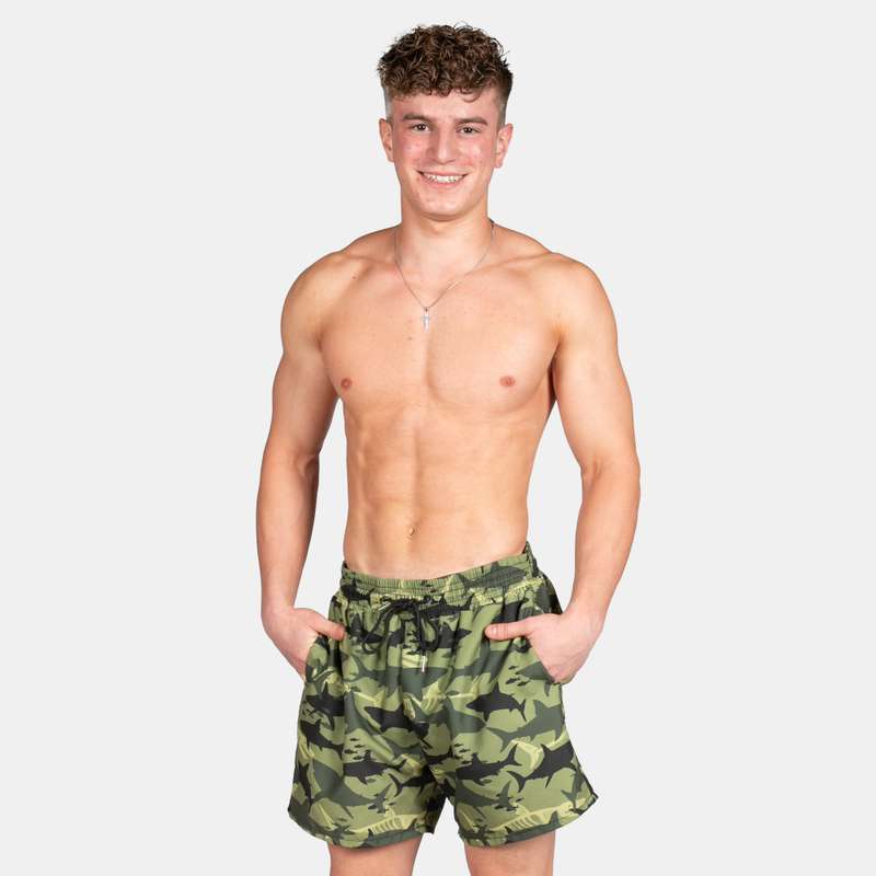 Men's Camo Shark Design Swim Shorts with Drawstring