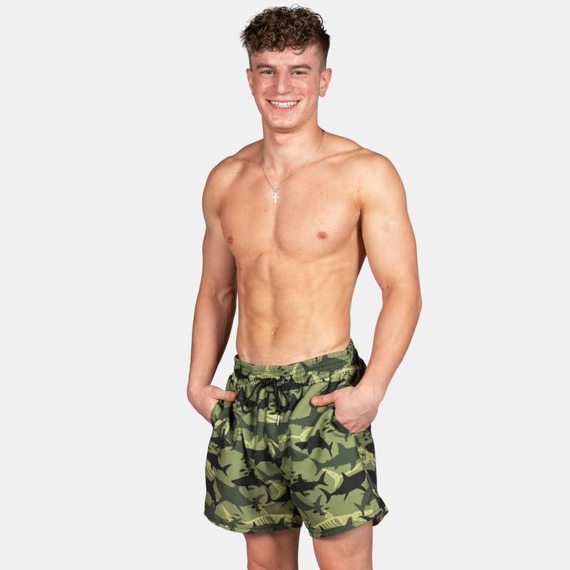 Men's Camo Shark Design Swim Shorts with Drawstring