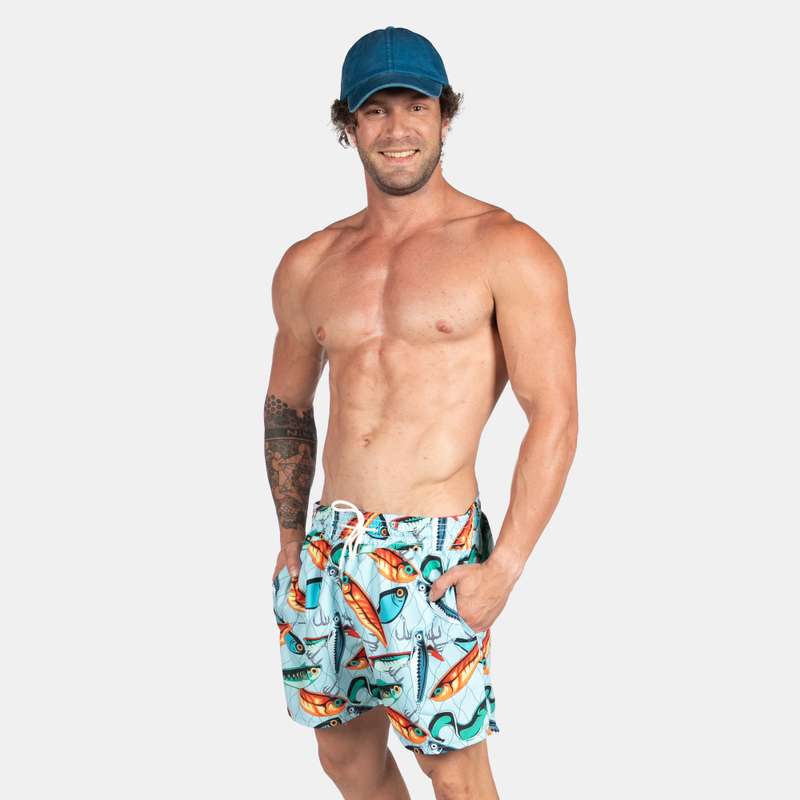 Men's Multi-Coloured Fish Design Swim Shorts with Drawstring