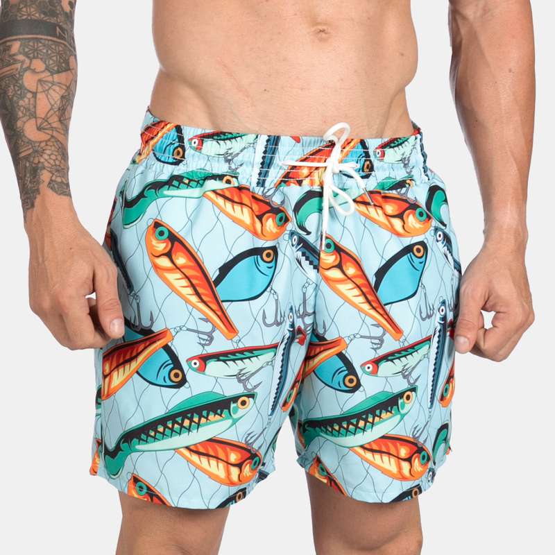 Men's Multi-Coloured Fish Design Swim Shorts with Drawstring