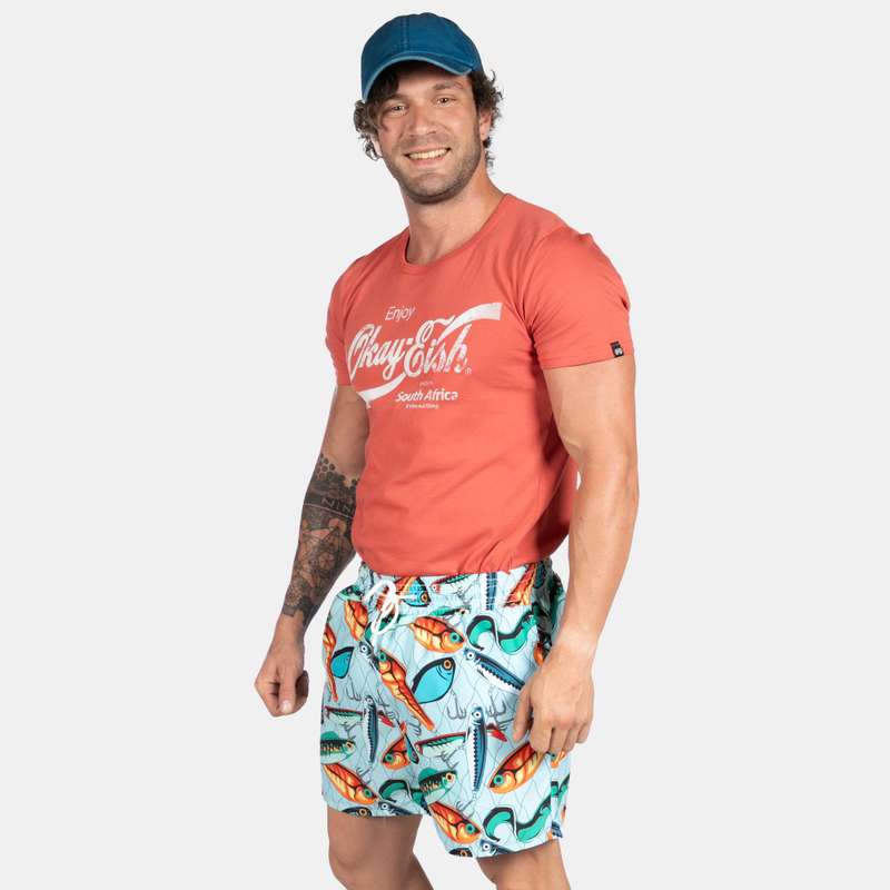 Men's Multi-Coloured Fish Design Swim Shorts with Drawstring
