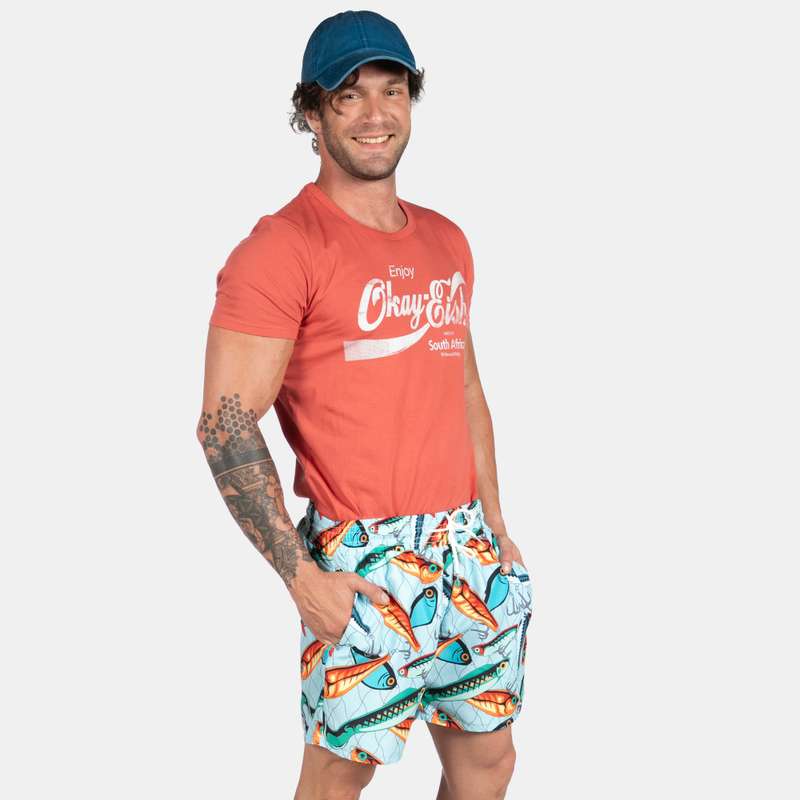 Men's Multi-Coloured Fish Design Swim Shorts with Drawstring