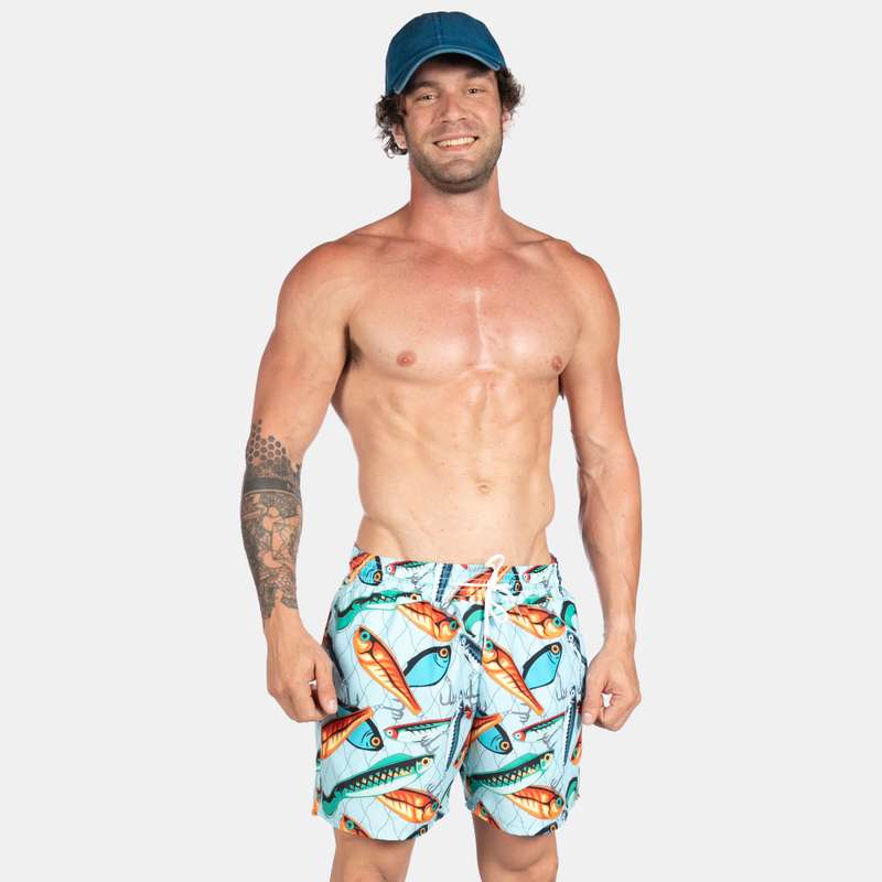 Men's Multi-Coloured Fish Design Swim Shorts with Drawstring