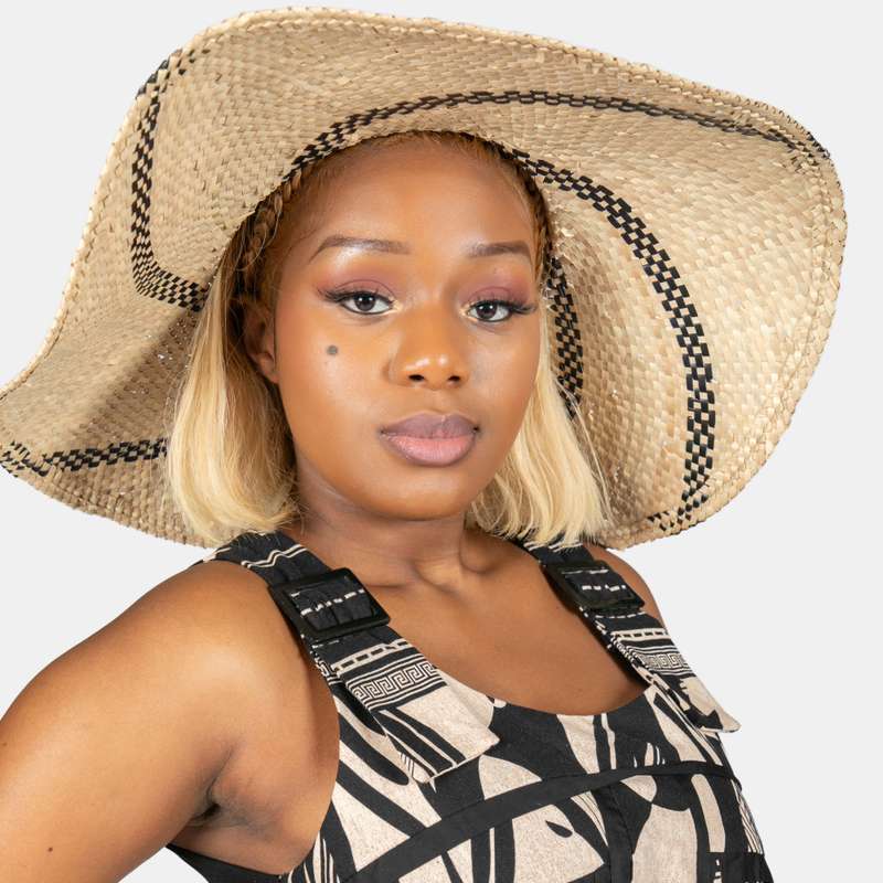 Wide Brim Straw Hat with Black Spiral Pattern