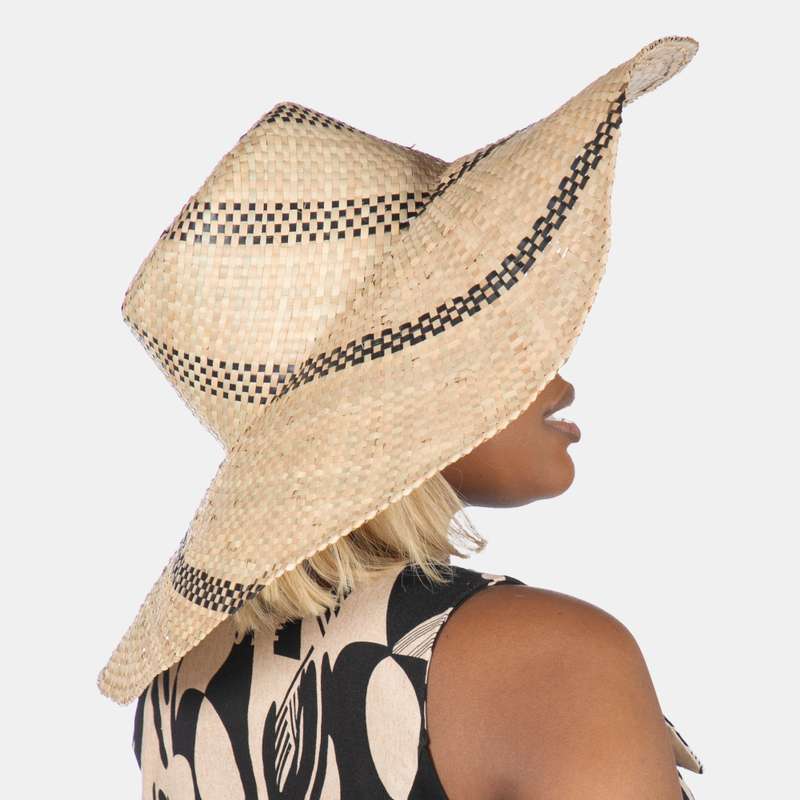 Wide Brim Straw Hat with Black Spiral Pattern