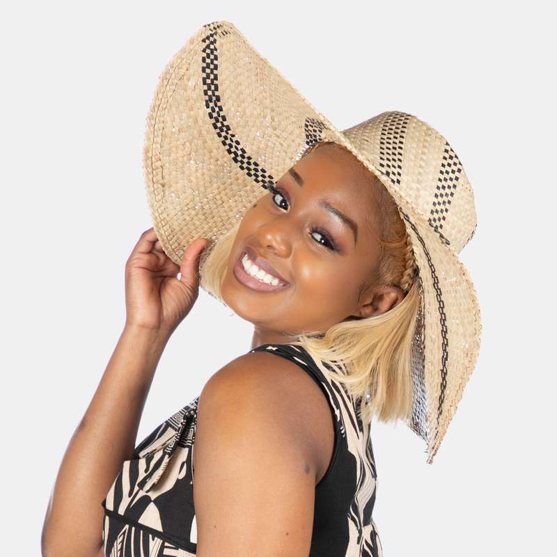 Wide Brim Straw Hat with Black Spiral Pattern