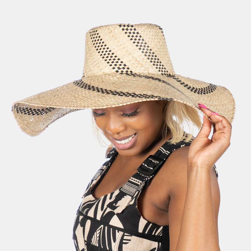 Wide Brim Straw Hat with Black Spiral Pattern