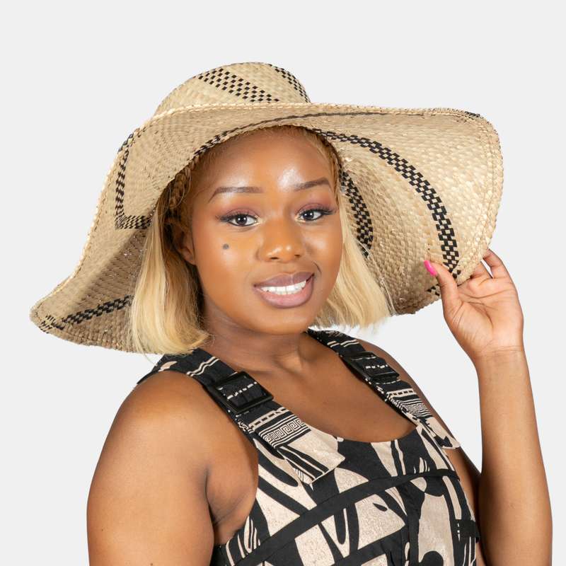 Wide Brim Straw Hat with Black Spiral Pattern