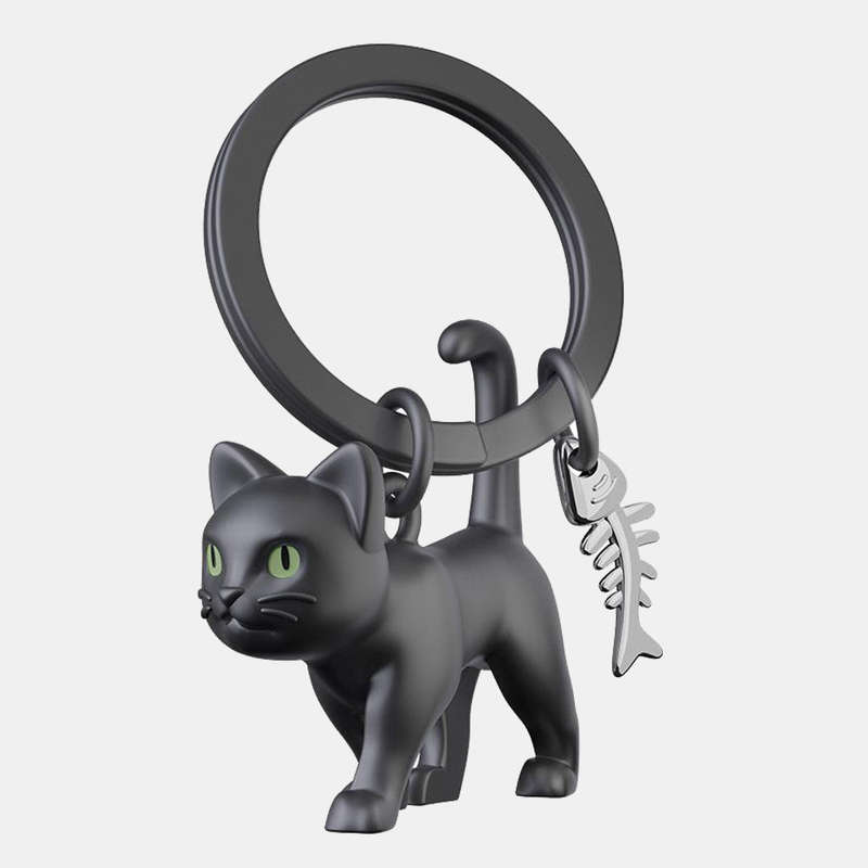 Miniature 3D Black Cat Metal Keyring