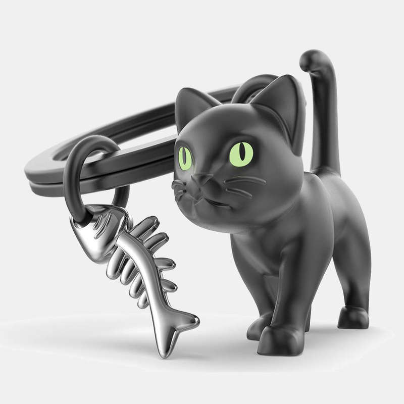 Miniature 3D Black Cat Metal Keyring