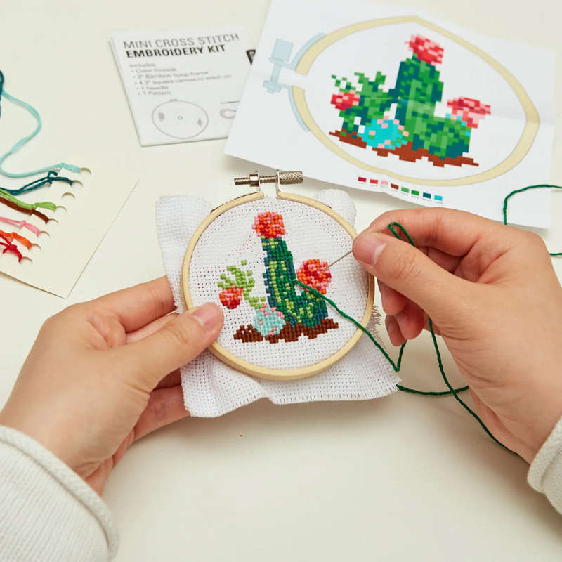 Cactus Mini Crosstitch Embroisery Kit Bamboo Hoop Frame