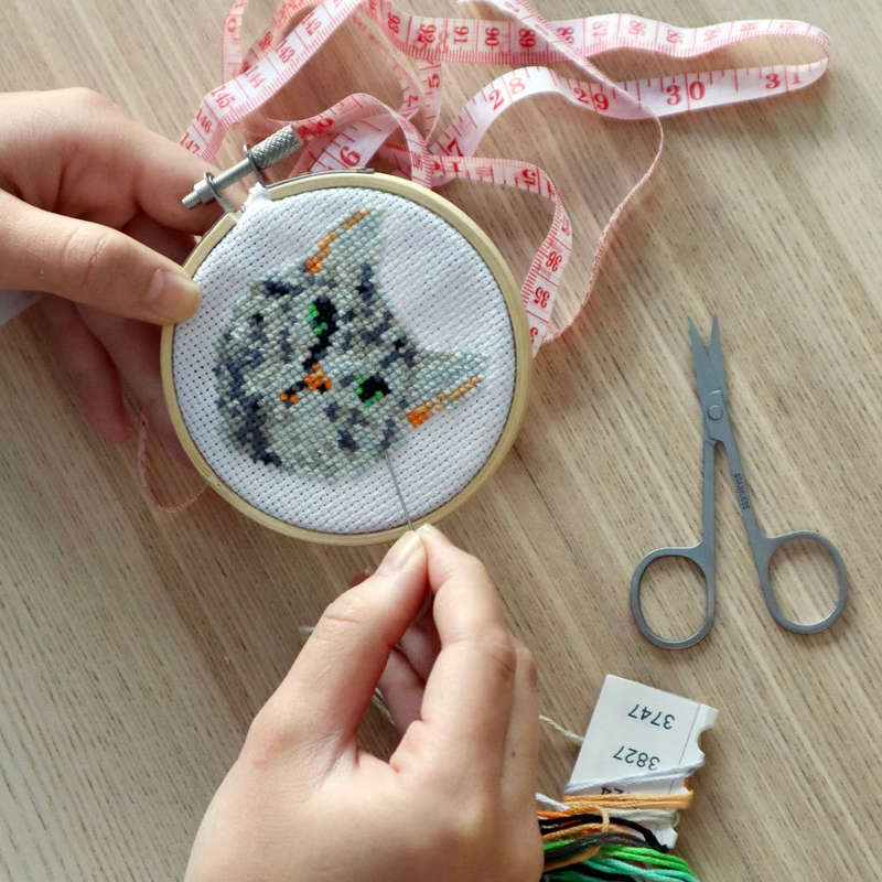 Cat Mini Crosstitch Embroidery Kit Bamboo Hoop Frame
