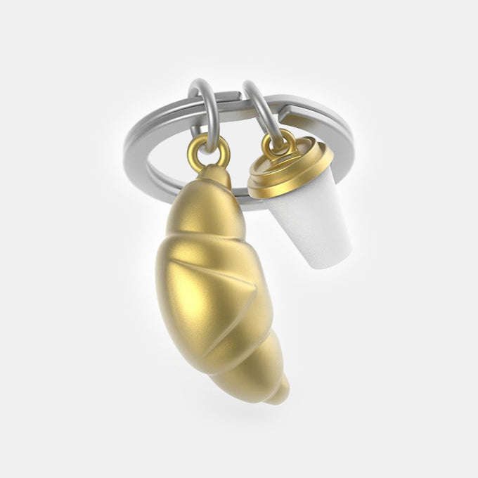 Miniature 3D Charm Croissant and Coffee Metal Keyring