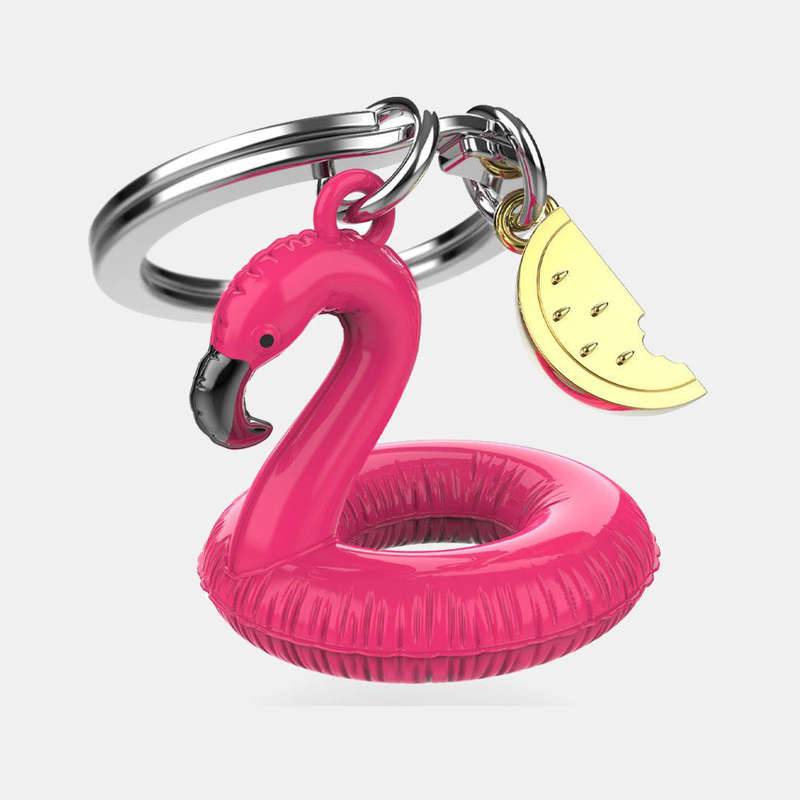 Miniature 3D Pink Pool Flamingo Charm Metal Keyring