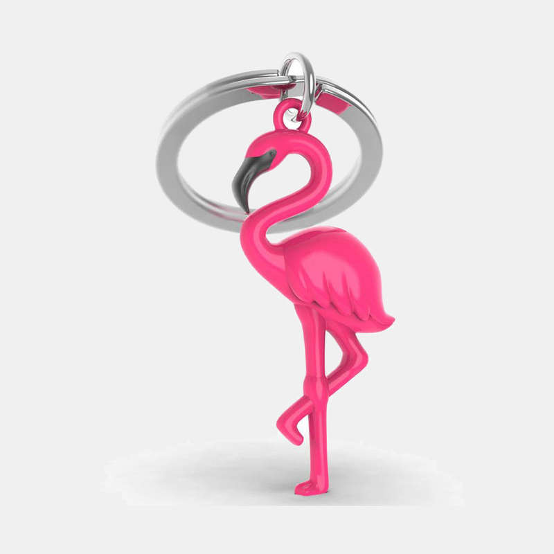 Miniature 3D Pink Flamingo Charm Metal Keyring