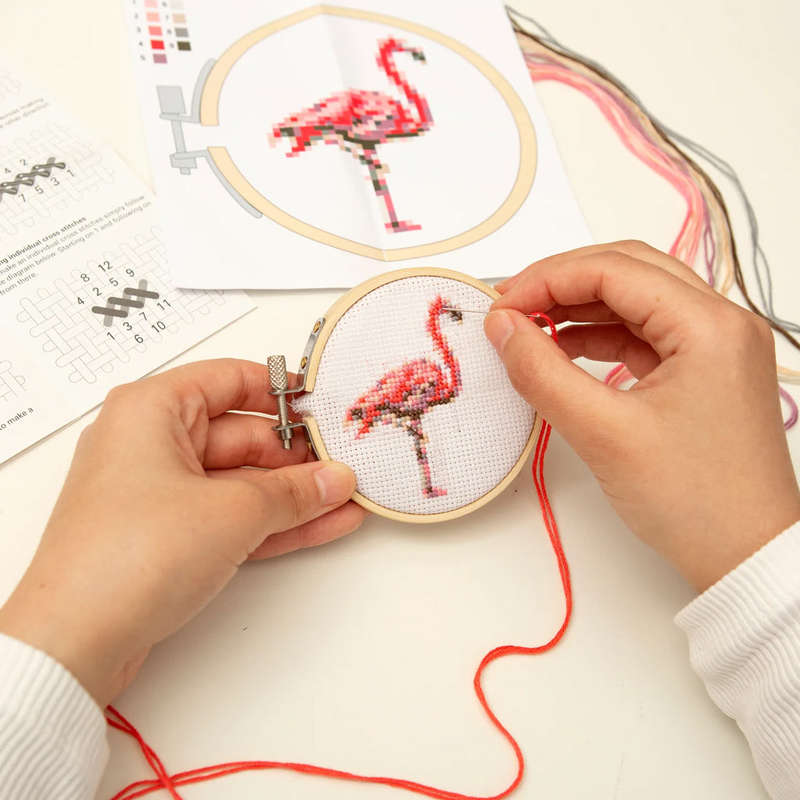 Mini Crosstitch Flamingo Bamboo Hoop Frame