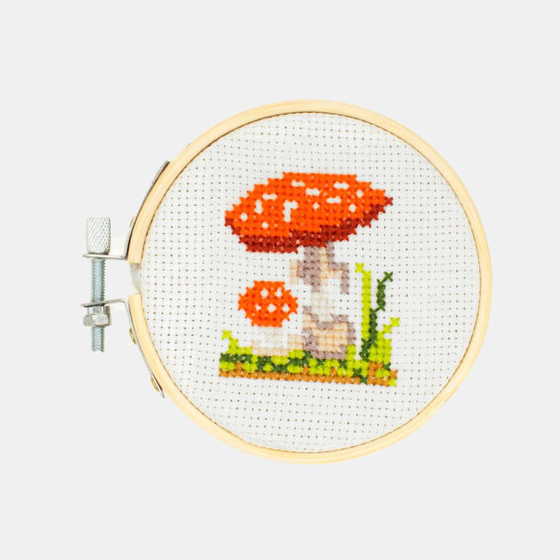 Crosstitch Embroidered Mushroom Bamboo Hoop Frame