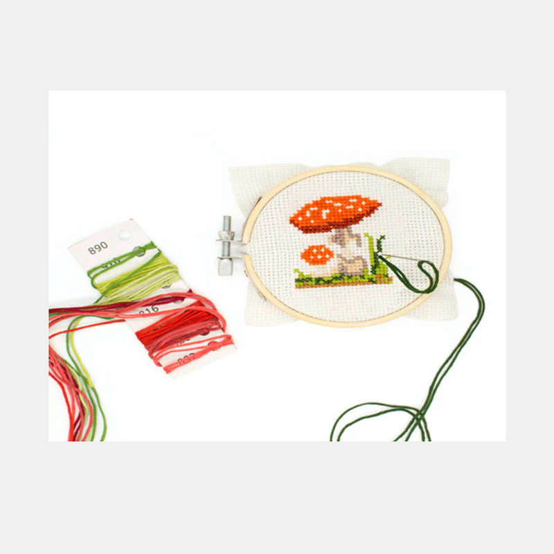 Crosstitch Embroidered Mushroom Bamboo Hoop Frame