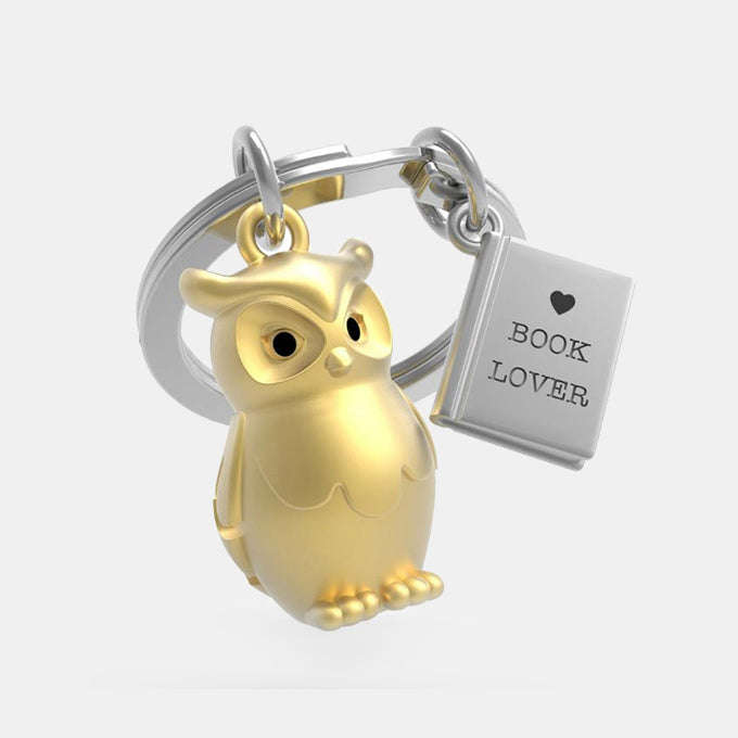 Miniature 3D Gold Owl and Book Charm Metal Keyring