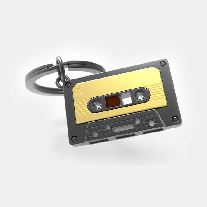 Miniature 3D Audio Tape Metal Keyring in Matt Gold