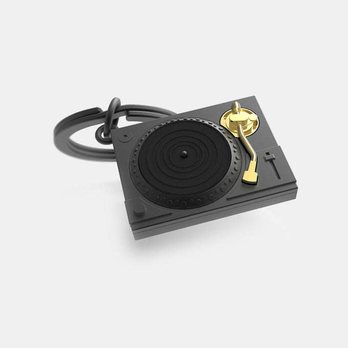 Miniature 3D Black and Gold Turntable Charm Metal Keyring