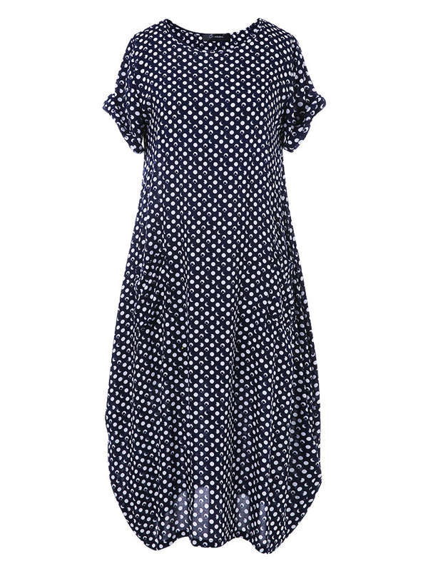 Summer Polka Dot Print Short Sleeve Plus Size Dress - Navy / 3XL