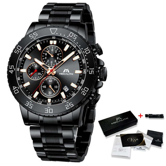 MEGALITH Watches Mens Waterproof Analogue Clock Stainless Steel Waterproof Luminous... - steel black