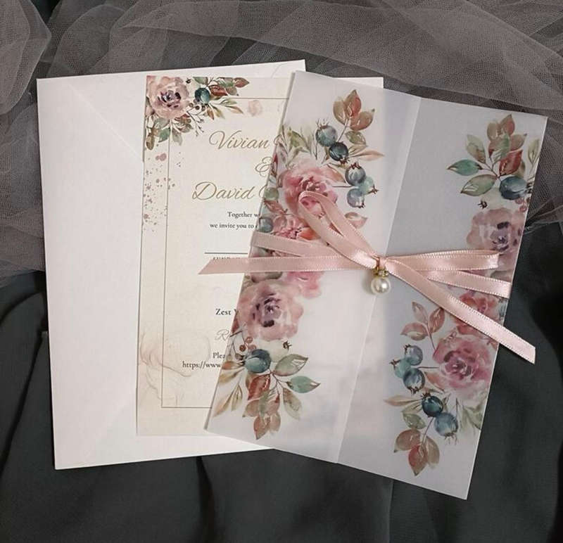 Pink Floral Vellum invitation Envelope Set