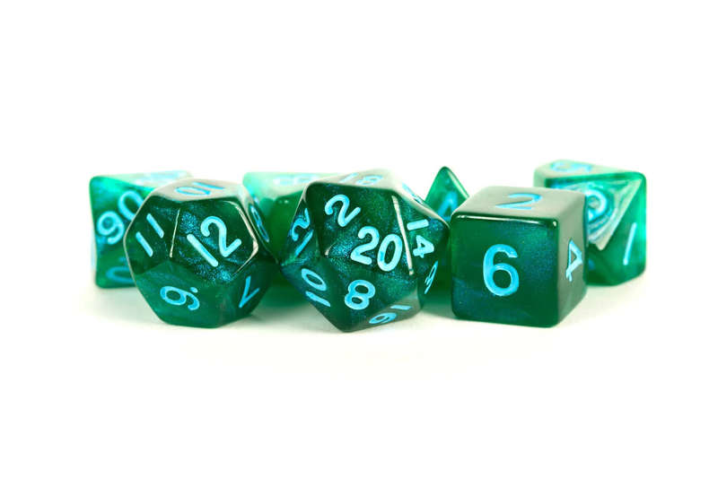 Stardust Green / Blue Numbers - 16mm Acrylic Dice Set