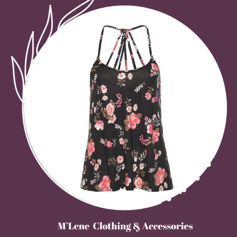 Black Floral Spaghetti Straps Strappy Back Top