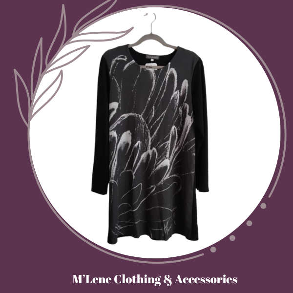 Black Winter Dress with Protea Print - XL