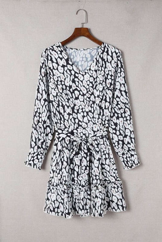 Black & White Leopard Print V-neck Long Sleeve A-Line Dress - L