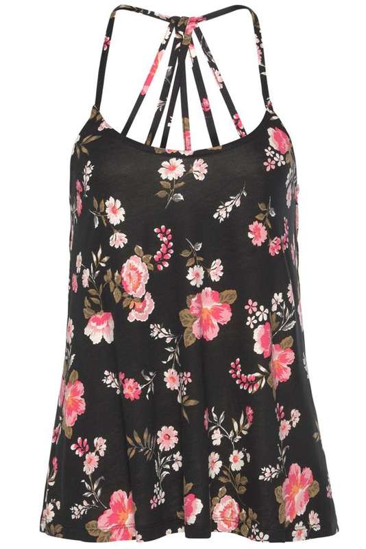 Black Floral Spaghetti Straps Strappy Back Top