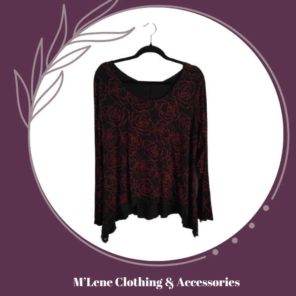 Longsleeve Top - Black with Red Rose Print