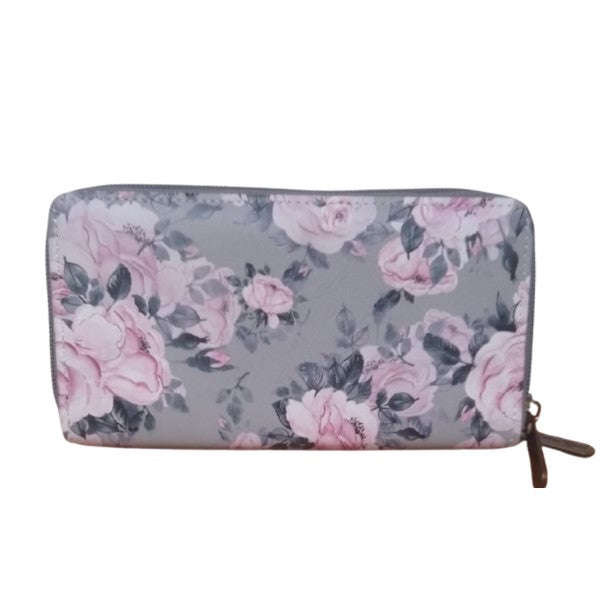 Cotton Road Ladies Double Zip Wallet - Floral Print - Grey & Pink