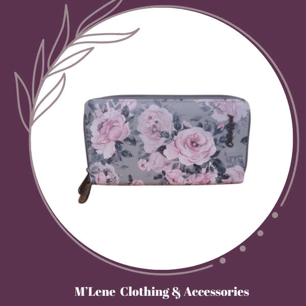 Cotton Road Ladies Double Zip Wallet - Floral Print - Grey & Pink