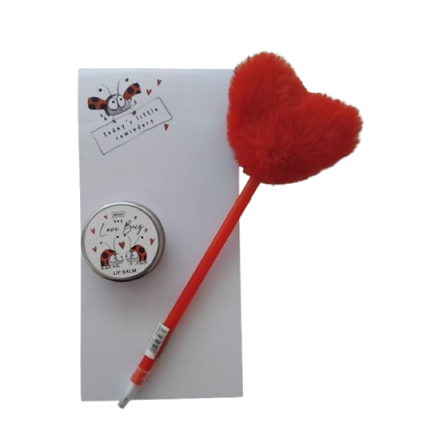 Love Bug Magnetic Notepad & Lip Balm & Red Fluffy Heart Pen