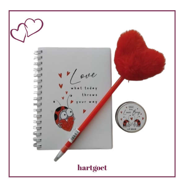 Love Bug Notebook (love what today throws at you) & Lip Balm & Red Fluffy Heart Pen