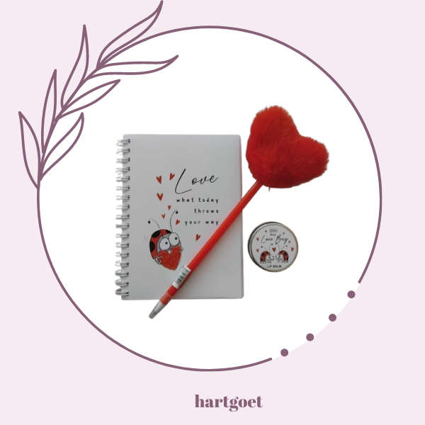 Love Bug Notebook (love what today throws at you) & Lip Balm & Red Fluffy Heart Pen