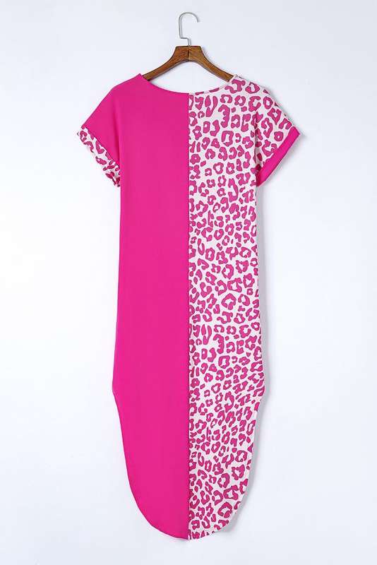 Rose Contrast Solid Leopard Short Sleeve T-shirt Dress with Slits