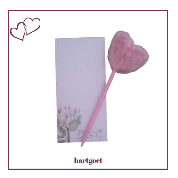 Protea Magnetic Memo Pad & Pink Fluffy Heart Pen