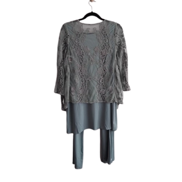 Sleeveless Shift Dress & Pants & Lace Jacket - Sage - L