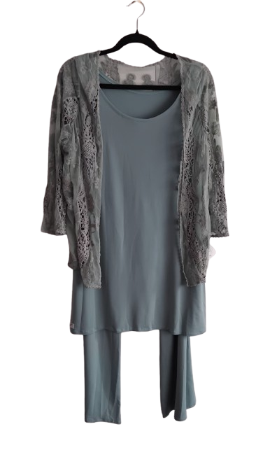 Sleeveless Shift Dress & Pants & Lace Jacket - Sage - L
