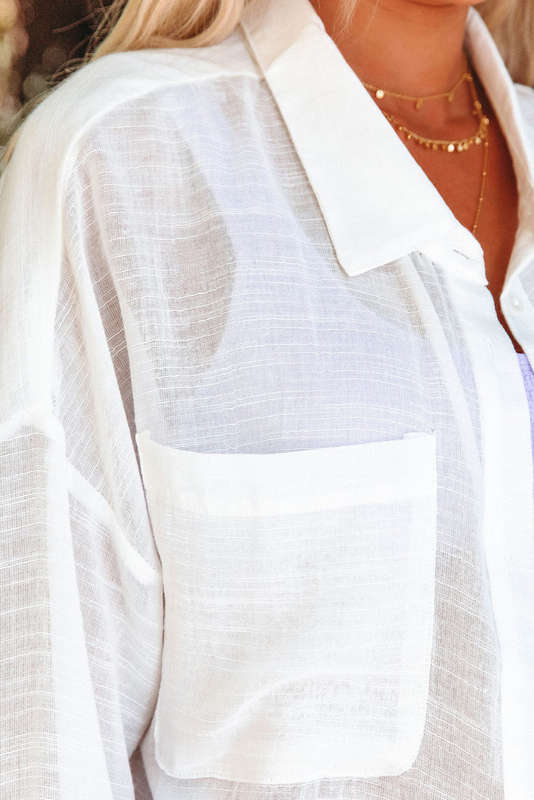 Ladies White Lightweight Shirt Style Beach Cover-up