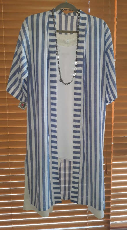Long Linen Jacket - White & Blue - 2XL