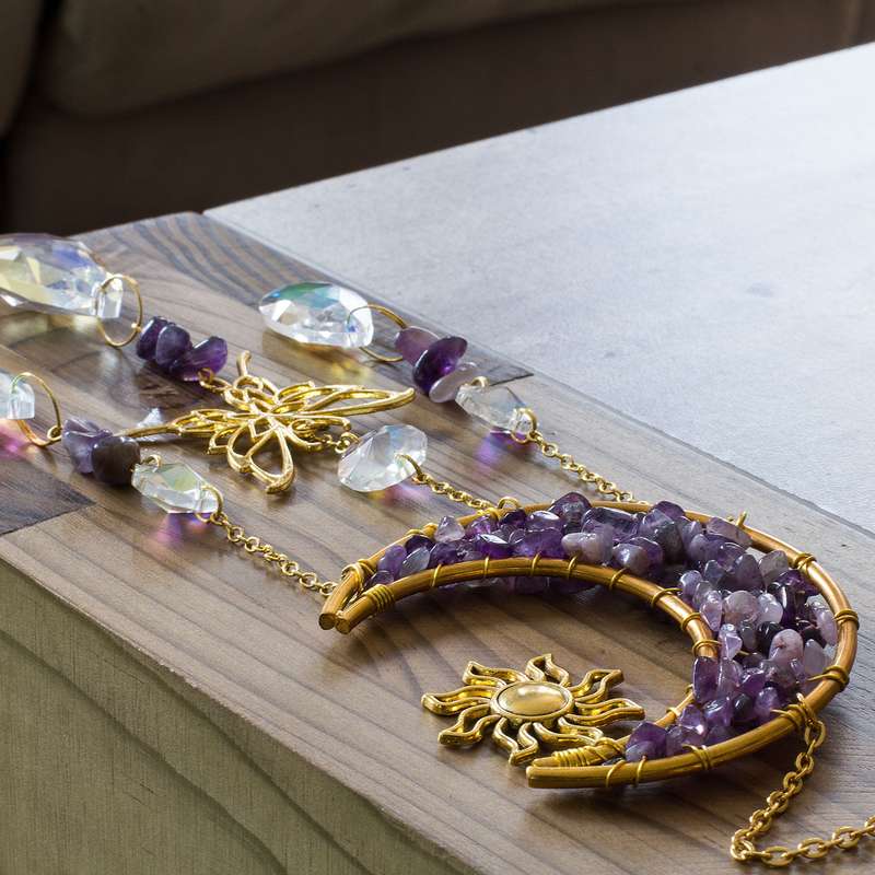 Natural Amethyst Chip & Metal Moon Hanging Suncatcher
