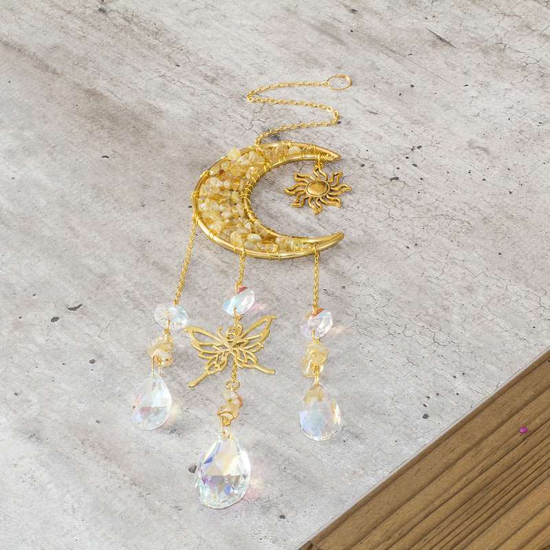 Natural Yellow Quartz Chip & Metal Moon Hanging Suncatcher
