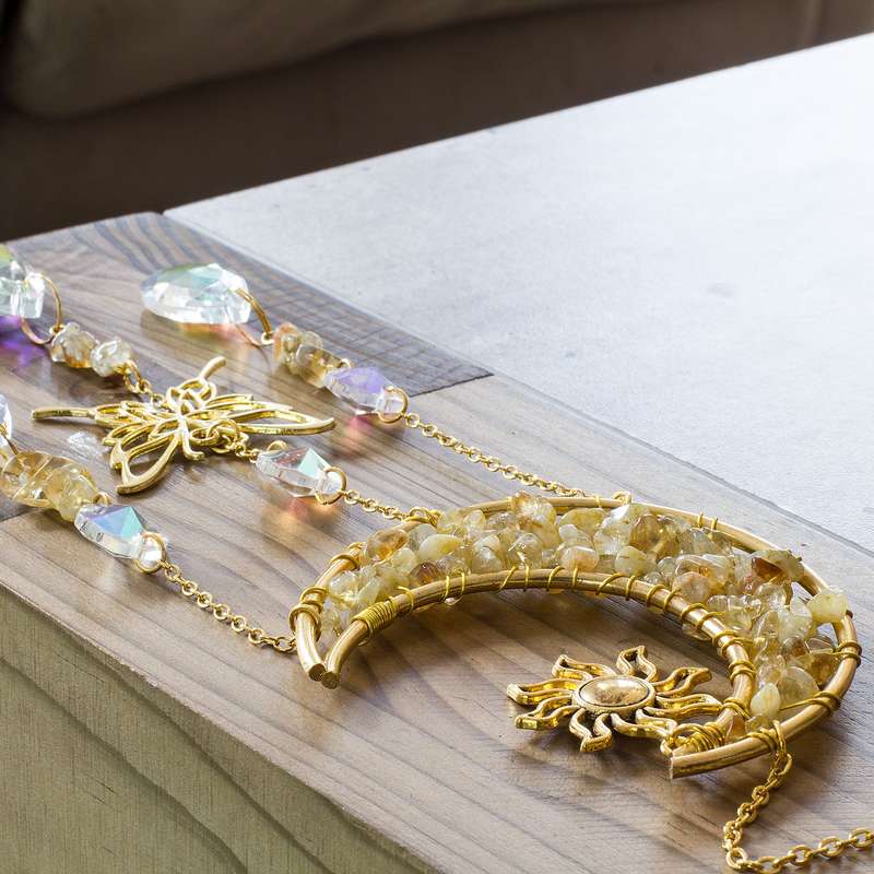Natural Yellow Quartz Chip & Metal Moon Hanging Suncatcher