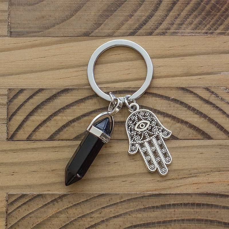 Hamsa Hand Keyring - Black Agate