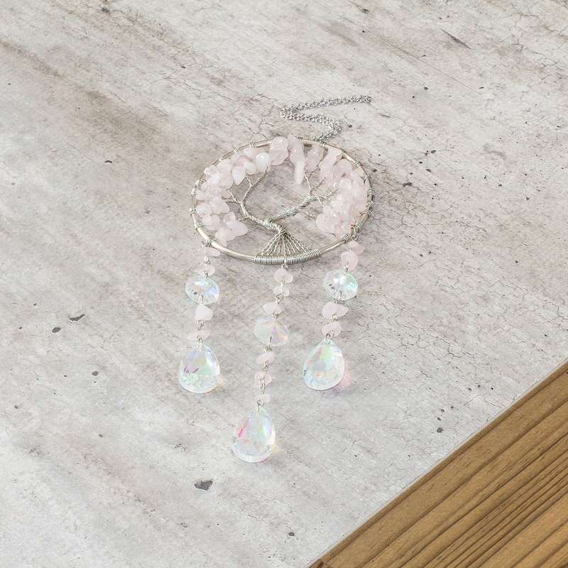 Wire Wrapped Tree of Life suncatcher - Rose Quartz Chips
